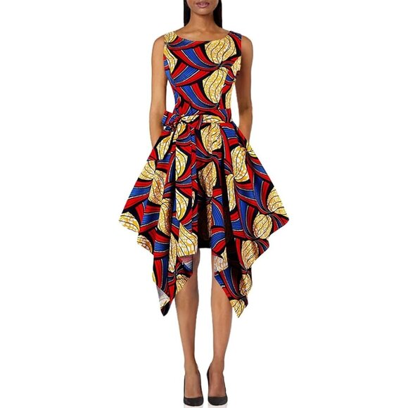 Dashiki Ankara African Print High Low Asymmetric Plus Size Self Tie Dress 2XL - Picture 1 of 7